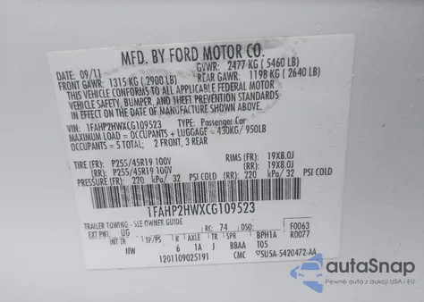 2012 Ford Taurus Sel z USA, uszkodzony, nr VIN 1FAHP2HWXCG109523